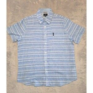 Ben Sherman Shirt Large Blue White Plaid Linen Rayon Casual Button Up Mens